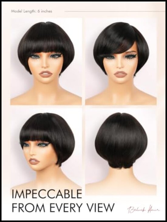 100% Virgin Human Hair Pixie Cut Wig with Bangs Glueless Lace Closure for Black main image 4